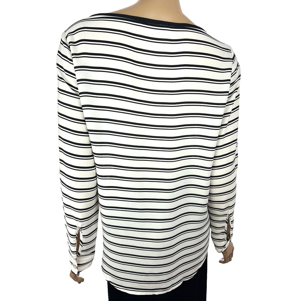 Loft Ann Taylor Size Petite S White w/Black Stripes Curved Hem Long Sleeve - Picture 3 of 5